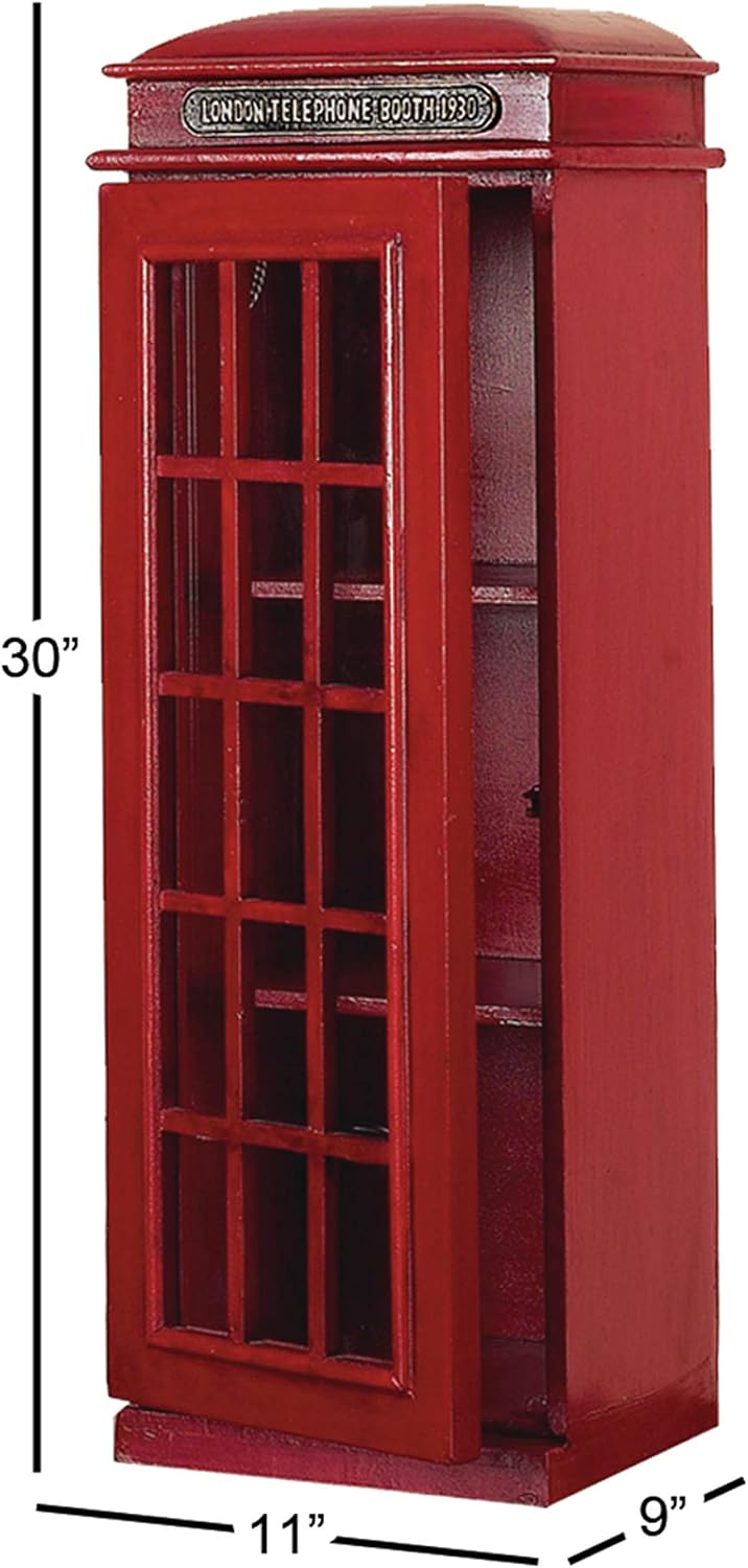 Deco 79 Wooden Telephone Room Storage Unit Vintage London Booth 2 Shelf Storage Cabinet, Accent Cabinet 11" x 9" x 30", Red
