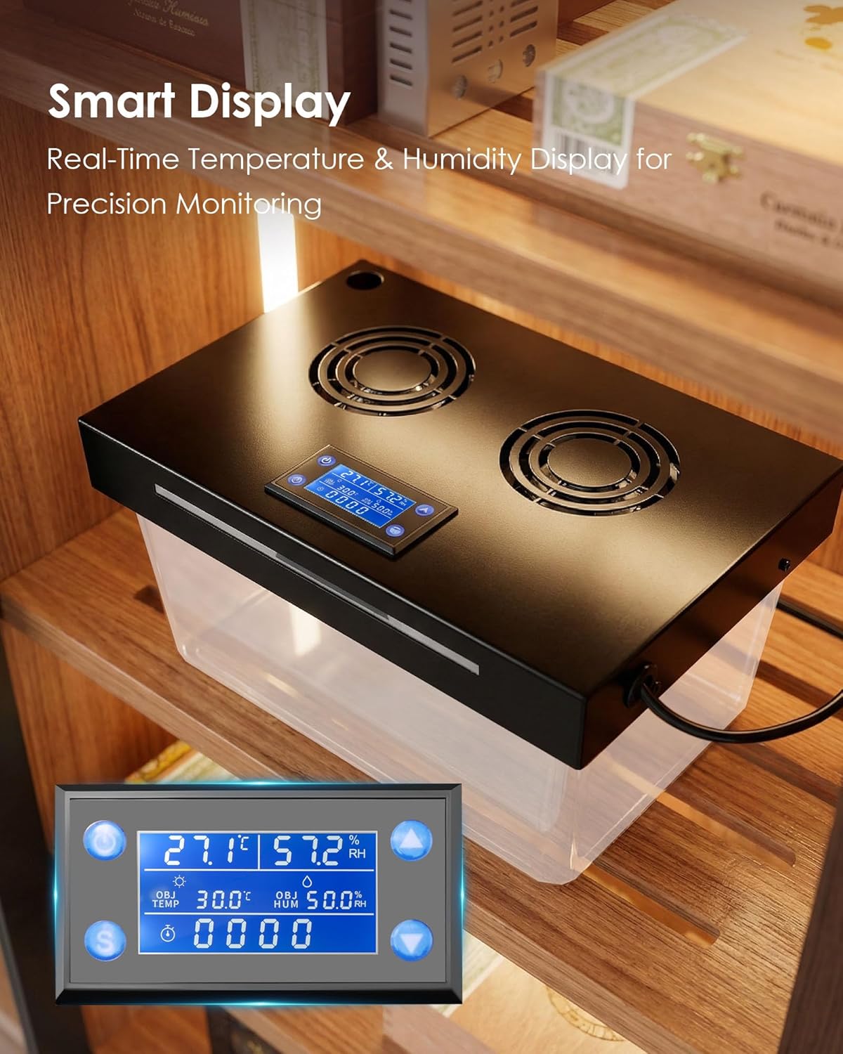 Electric Humidifiers for 10-50 Cubic Ft. Cabinet, Humidor Cabinet Humidifier for Monitoring Temperature and Humidity with 12V Adapter Power Supply